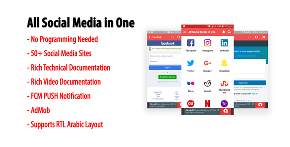 All Social Media in One | A Multi-site Android Application with AdMob & FCM PUSH Notification