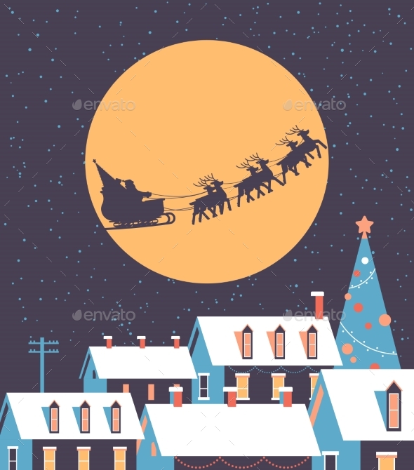 Santa Flying in Sleigh with Reindeers in Night Sky