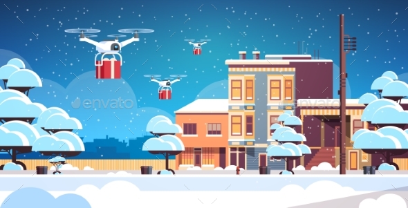Delivery Drones Carrying Gift Present Boxes