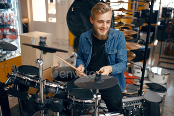 store. Assortment in musical instrument shop, professional equipment for performers