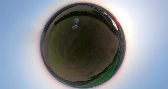 Hot Air Balloons in Sky Over Field Spherical Panorama