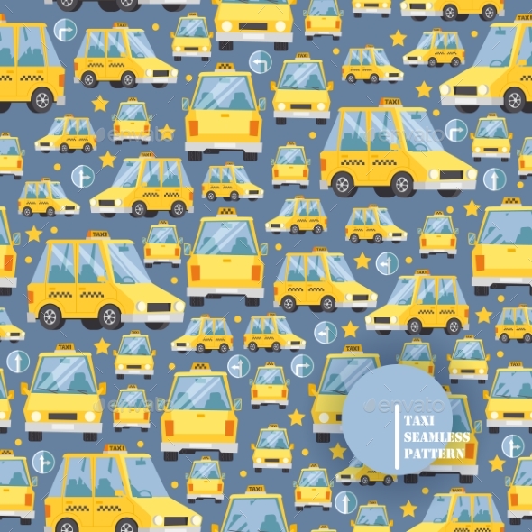 Taxi Car Icons in Seamless Pattern, Vector