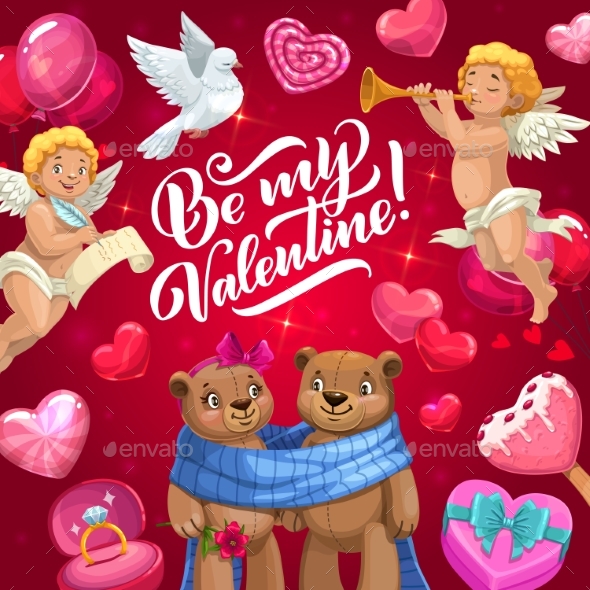 Love Hearts, Cupids and Bear Couple. Valentine Day
