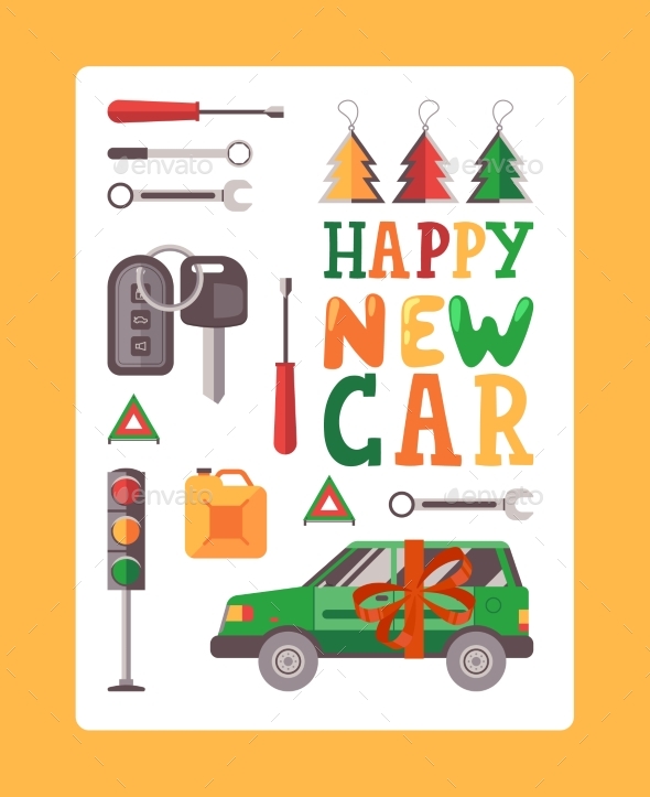 Happy New Car Typography Poster, Vector