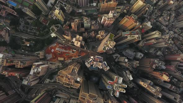 Aerial view of Hong Kong Downtown. Financial district and business centers in urban city. Top view.