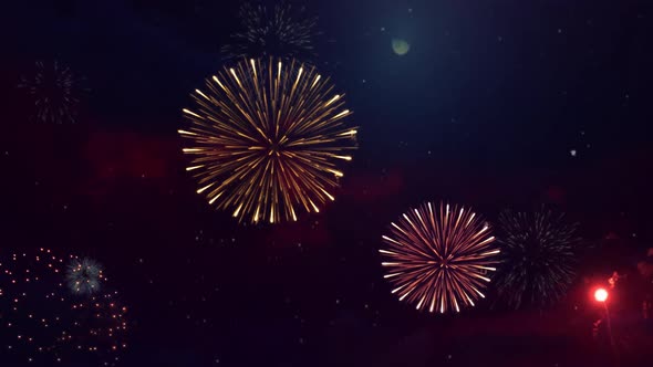  Golden Shiny Fireworks with Bokeh Lights in the Night Sky Loop Animation Background. 