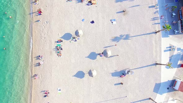 Aerial view of famous white party beach of Pag island, Croatia