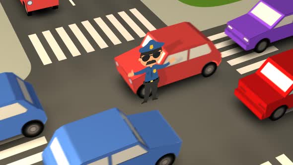 The policeman with sunglasses is directing traffic on the busy crossroad