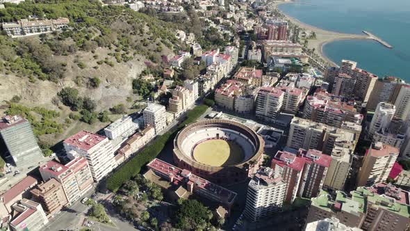 Drone view of La Malagueta bullring on the Costa del Sol coastline, Malaga