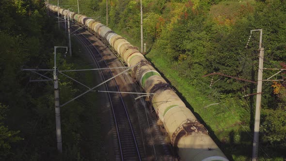 Freight Train with Cistern Gasoline, Oil on the Railway