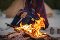 Woman Camping Near Campfire - PhotoDune Item for Sale