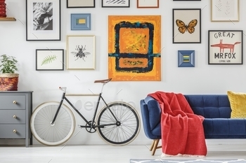 next to a vintage bicycle against white wall with a gallery of posters in living room interior. Real photo