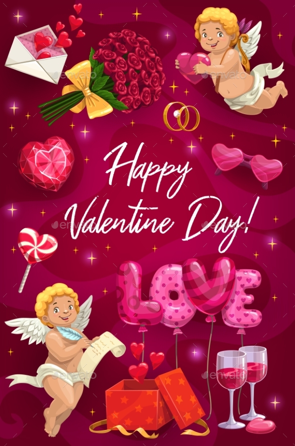 Valentines Day Card Cupids Love Symbols and Gifts