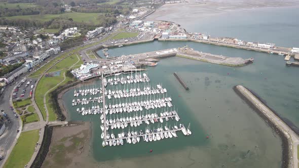 Unsed boats parked at Howth port harbor Dublin Ireland aerial