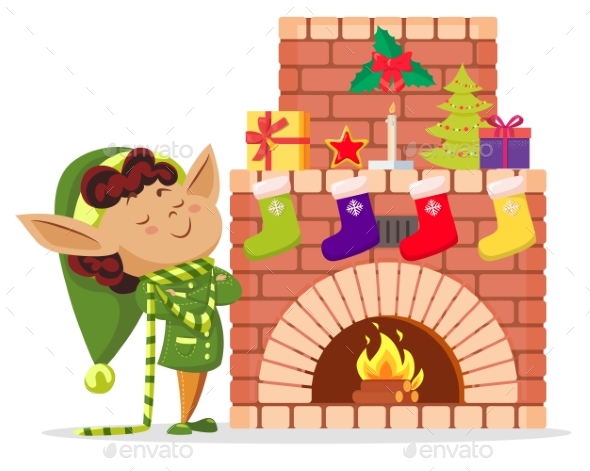 Elf Boy in House, Socks with Gifts on Fireplace