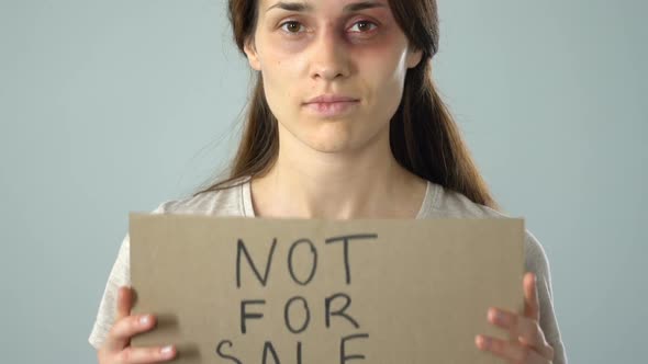 Not for Sale Text on Poster in Bruised Woman Hands, Problem Awareness Concept