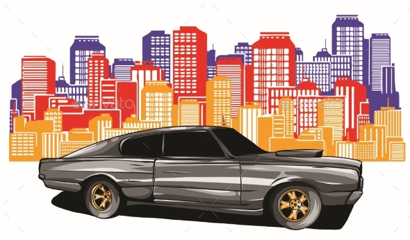 Flat Vector Cartoon Style Illustration of Car with Buildings