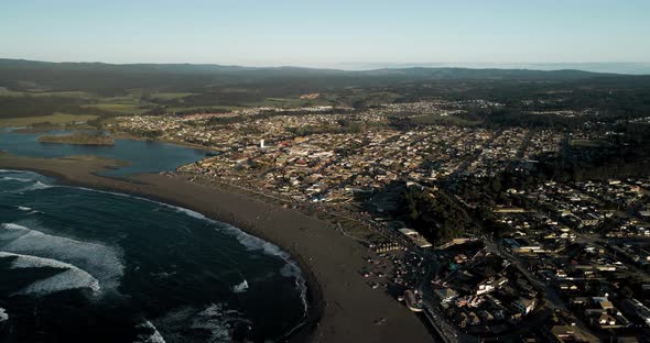 Panoramic aerial view of pichilemu at sunset.