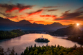 Colorful landscape sunrise at Lake Bled dramatic sky, Slovenia - PhotoDune Item for Sale