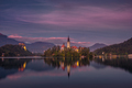 Colorful sunset landscape view of Lake Bled island and church, Slovenia - PhotoDune Item for Sale