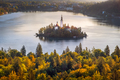 Colorful landscape view of and island and Lake Bled with colorful autumn foliage, Slovenia - PhotoDune Item for Sale