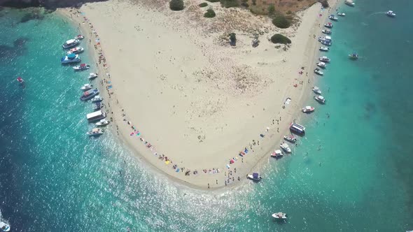 Aerial view to the popular beach of Marathonisi or Turtle island in the bay of Laganas, Zakynthos, G