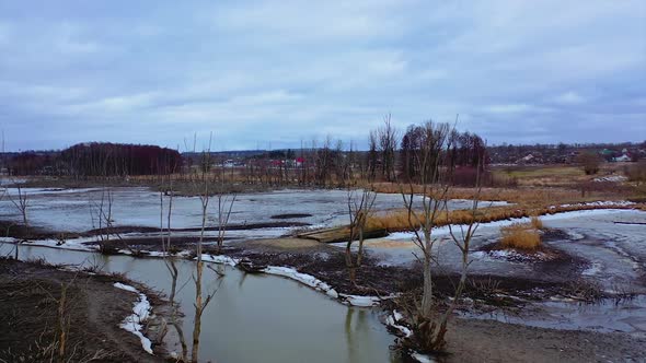 Natural ecology disaster. Dirty water in the river. 