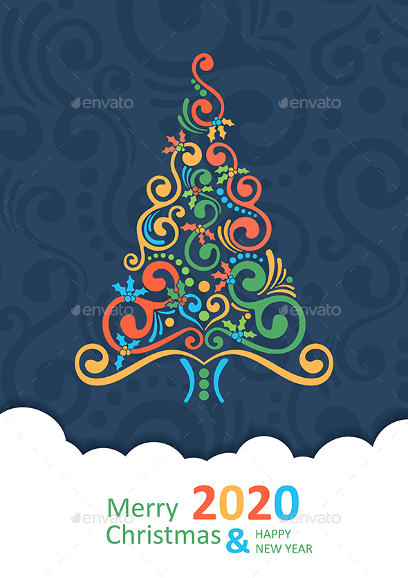 Merry Christmas Card with Christmas Tree. Happy New Year 2020