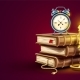 Classic Alarm Clock on Pile Stack of Books and Candle Banner - GraphicRiver Item for Sale