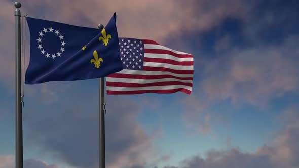 Louisville City Flag Waving Along With The National Flag Of The USA - 4K