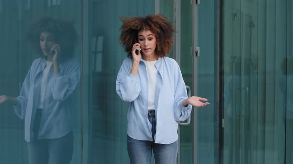 Angry Afro American Girl Ethnic Stressed Woman Standing on Street in City Outdoors Near Building