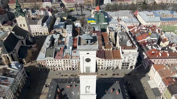 Aerial view of the Market Square in the Old Town of Lviv, Ukraine. Town hall and Market Square