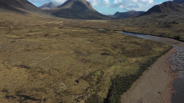 Drone view of Sgrr nan Gillean mountain and Sligachan Waterfalls in the Isle