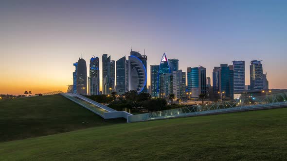 The Highrise District of Doha Day to Night Timelapse After Sunset