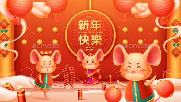 Group of Rat or Mouse and Happy New Year Chinese