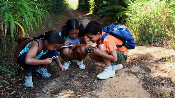 Friends looking at leaf through magnifying glass in park