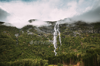  Park, Norway. Waterfall In Norwegian Summer Landscape. Weather Forecast Concept.