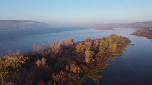 Aerial view of the islands on the Volga river.