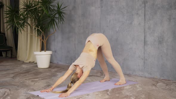 Attractive Caucasian Woman Practicing Yoga Standing in Adho Mukha Svanasana or Downward Facing Dog