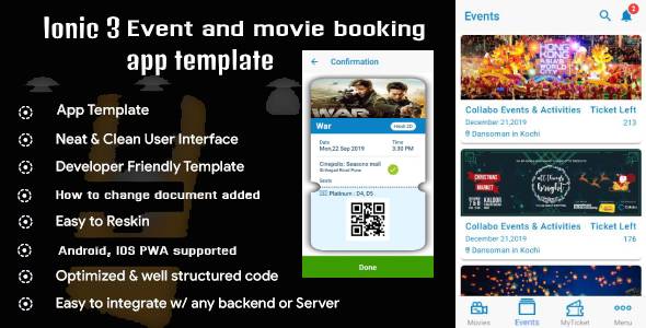 Ionic 3 Event and movie ticket booking app template