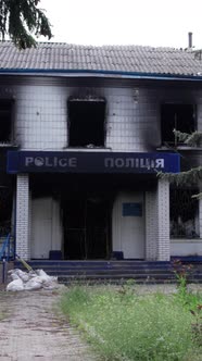 Vertical Video of a Wartorn Police Station in Ukraine