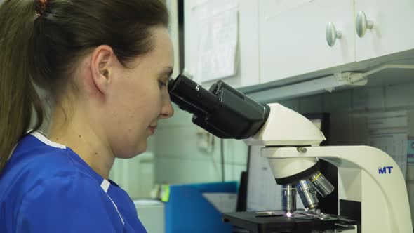 Woman Doctor Looks in a Microscope