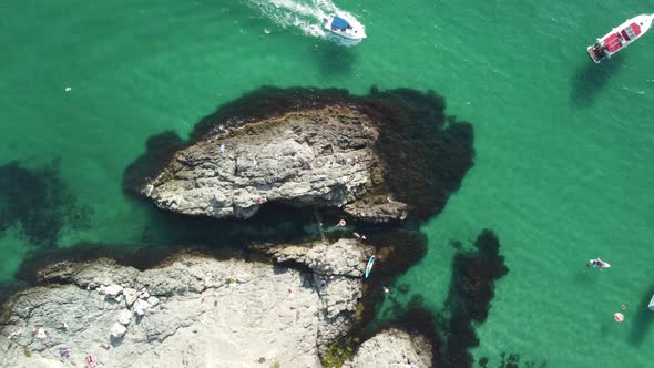 Aerial Panoramic View of Seascape with Crystal Clear Azure Sea and Rocky Shores