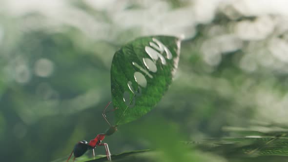 Animation with small brown ant carrying a green leaf with ecology word cut in it