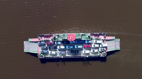 top down view of ferryboat sailing. Ferryboat transferring cars. Ferry transfers cars and passengers