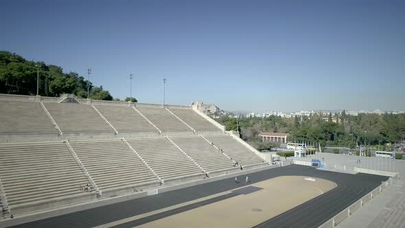 Aerial view of the Panathenaic, Kallimarmaro Stadium and the city skyline.