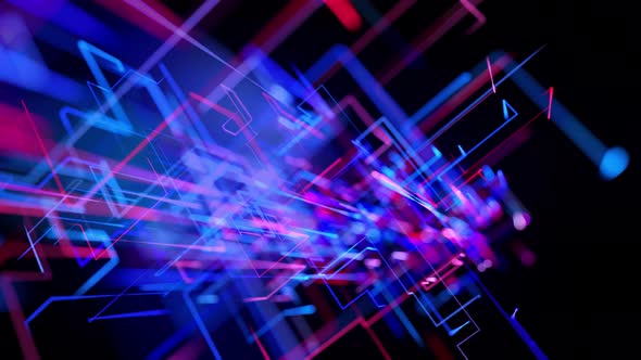 Motion Graphics Scifi Bg with Flow of Blue Red Neon Glow Lines Form Digital 3d Space
