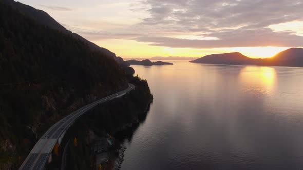 Sea to Sky Hwy in Howe Sound near Horseshoe Bay, West Vancouver, British Columbia, Canada. Aerial pa