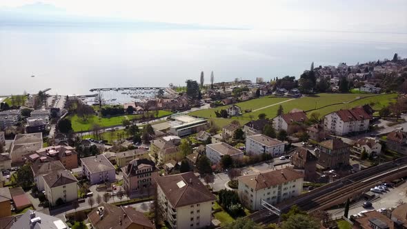 Drone aerial view of the geneva lake view from Lausanne, Switzerland.