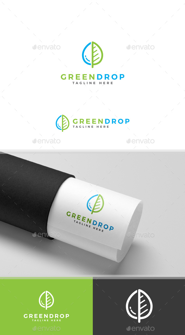 Green Leaf and Water Drop Logo